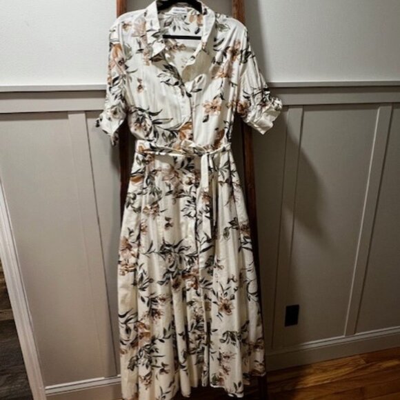 XL Calvin Klein Short Sleeve Point Collar Tie Waist Floral Midi A-Line - Picture 1 of 4